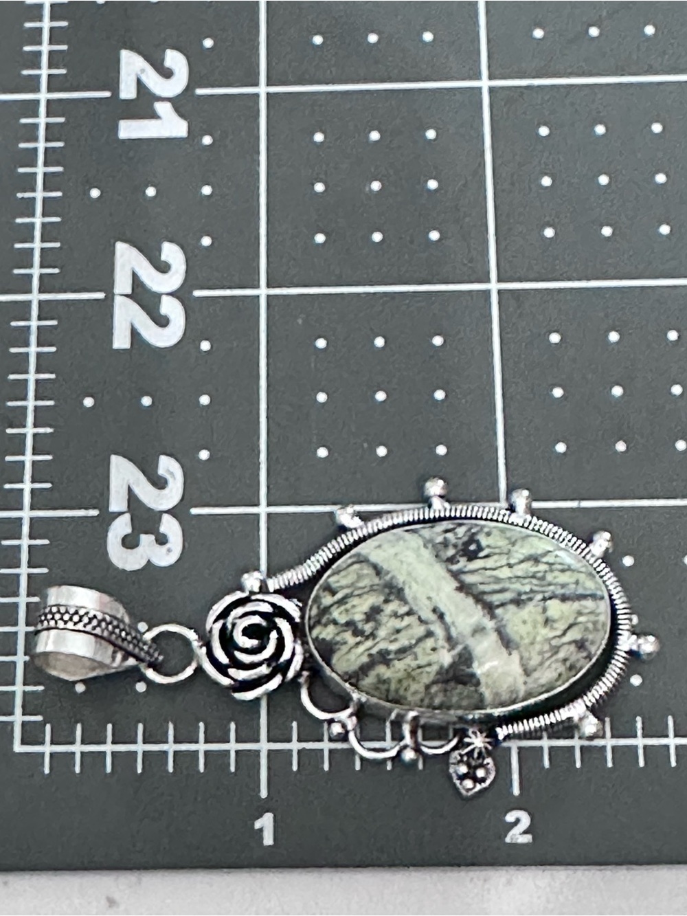 Artisan Silver Oval Green Dendritic Jasper Pendant Necklace with Rose Motif - Picture 5 of 13